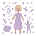 Sweet vector cute blond doodle girl with the liliac dress and things isolated on the white background