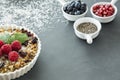 Sweet vegan dessert from seeds and summer fruit and blurry background with ingredients for a tart