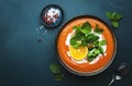 Sweet vegan pumpkin soup with coconut cream, orange and mint. Winter or autumn healthy vegetarian comfort food. Soup bowl on green