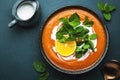 Sweet vegan pumpkin soup with coconut cream, orange and mint. Winter or autumn healthy vegetarian comfort food. Soup bowl on green