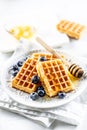 Sweet and very tasty waffles with honey and blueberries
