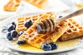 Sweet and very tasty waffles with honey and blueberries