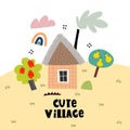 Sweet village. cartoon house, hand drawing lettering, decor elements. colorful illustration for kids, flat style. typography font, Royalty Free Stock Photo