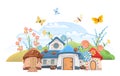 Sweet village of little fairies in meadow with butterflies. Sweet caramel fairy house. Illustration in cartoon style Royalty Free Stock Photo