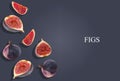 Sweet violet figs with halves and slices on purple background with inscription figs and copy space for text, images