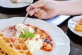 Sweet waffles with strawberries sauce vanilla ice cream fresh fruit and mint leaf on white plate Royalty Free Stock Photo