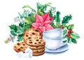 Sweet Watercolor Christmas composition on a white background. chocolate biscuits and a cup