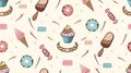 Sweet watercolor vector pattern with donuts, cup cakes and ice cream. Royalty Free Stock Photo