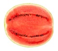 Sweet watermelon half, cross section, front view, over white