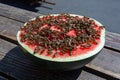 Sweet watermelon. A huge number of bees on a ripe red watermelon