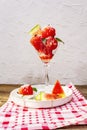 Sweet watermelon ice cream with coconut flakes and fresh basil leaves Royalty Free Stock Photo