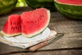 Sweet watermelon on plate and knife Royalty Free Stock Photo