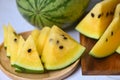 Sweet watermelon slices pieces fresh watermelon tropical summer fruit, Yellow watermelon slice on plate