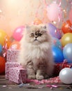 Sweet white-haired Persian kitten among balloons and birthday cakes, birthday card with white kitten