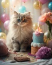 Sweet white-haired Persian kitten among balloons and birthday cakes, birthday card with white kitten