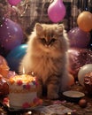 Sweet white-haired Persian kitten among balloons and birthday cakes, birthday card with white kitten