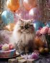 Sweet white-haired Persian kitten among balloons and birthday cakes, birthday card with white kitten