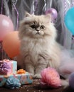 Sweet white-haired Persian kitten among balloons and birthday cakes, birthday card with white kitten