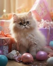 Sweet white-haired Persian kitten among balloons and birthday cakes, birthday card with white kitten