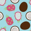 Sweet whole coconut and dragon fruit tropical summer exotic fruit brown white pink green pitaya pattern on a blue background Royalty Free Stock Photo