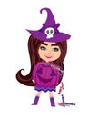 sweet witch standing with pumpkin full of candy