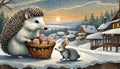 Sweet woodland creatures, a bunny and a hedgehog, retrieve Christmas gifts from a basket on the eve of the New Year