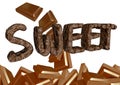 Sweet word written with creamy chocolate lettering on white background