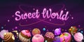 Sweet world concept. Candy, donut, chocolate, cake, cupcake, jelly planets on the space background. Royalty Free Stock Photo