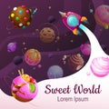 Sweet world concept. Funny sweet planets and space ship on cosmic background. Royalty Free Stock Photo