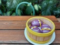 sweet yam taro bun on bamboo steamer. Royalty Free Stock Photo