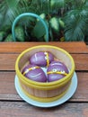 sweet yam taro bun on bamboo steamer. Royalty Free Stock Photo