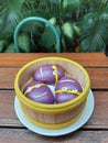 sweet yam taro bun on bamboo steamer. Royalty Free Stock Photo