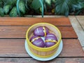 sweet yam taro bun on bamboo steamer. Royalty Free Stock Photo