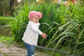 Sweet year and a half baby girl at the garden in a beautiful sunny day