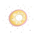 Sweet yellow donut cartoon icon with colorful decoration. Vector icon cartooning tasty donut with hole. Sweet pink round