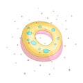 Sweet yellow donut cartoon icon with colorful decoration. Vector icon cartooning tasty donut with hole. Sweet pink round