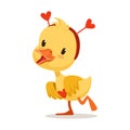 Sweet yellow duckling in a red headband with hearts, emoji cartoon character vector Illustration Royalty Free Stock Photo