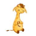 Sweet young giraffe character with flowers. Cartoony character illustration of a safari animal isolated on white background