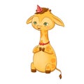 Sweet young giraffe character on a party. Cartoony character illustration of a safari animal isolated on white background