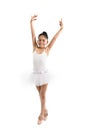 Sweet young little cute ballet dancer girl dancing on white background