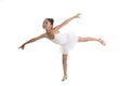 Sweet young little cute ballet dancer girl dancing on white background