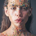 Sweet young woman portrait closeup. Bauty fashion model girl. Vogue styled woman with sugar sprinkles makeup. Fashion Royalty Free Stock Photo