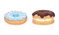 Sweet and Yummy Creamy Doughnut and Choux Pastry Dessert with Sugar Glaze on Top Vector Set