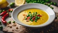 Sweetcorn soup with chili and green peas, ai