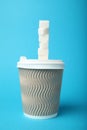 Sweeten coffee, pouring. Sugar drink in takeaway cup