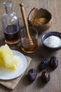 Sweetener ingredients including honey, sugar and maple syrup Royalty Free Stock Photo