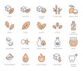 Sweeteners line icon set. Xylitol, cane sugar, fructose, maple syrup, stevia, agave, honey minimal vector illustration