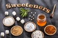 Sweetening phrase in wooden letters - Variety of natural sweeteners Royalty Free Stock Photo