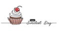 Sweetest day minimalist vector web banner, border, background, poster with cupcake and cherry on top. Single line art Royalty Free Stock Photo