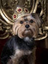 Royal dog portrait. Tiny dog i siting on a gold throne